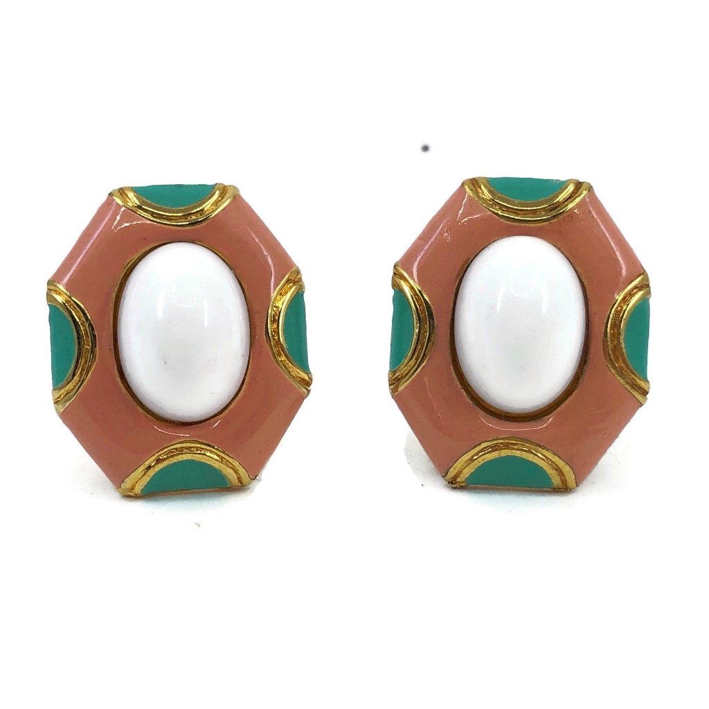 Donald Stannard Clip Earrings Gold With Coral And Mint Green Enamel